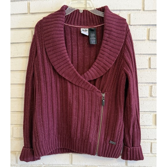 Harley-Davidson Sweaters - Harley Davidson Womens Burgundy Ribbed Metallic Zip Up Cardigan Sweater Size Lg